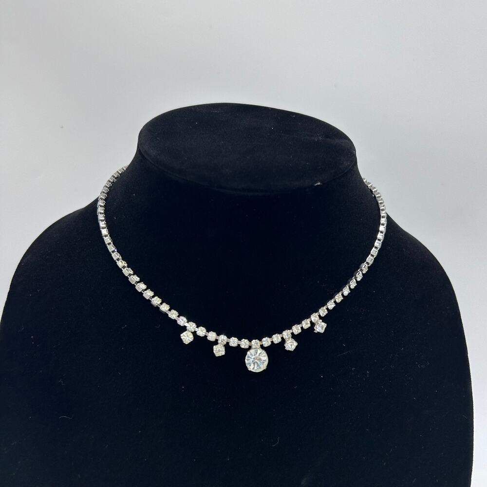 Vintage Rhinestone Necklace Clear Crystal Style Silver Tone Costume Jewelry